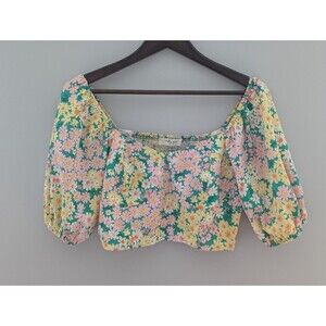 Women's Coquette Crop Top Boho Floral Smocked Bust Size Large 70's Flower Child